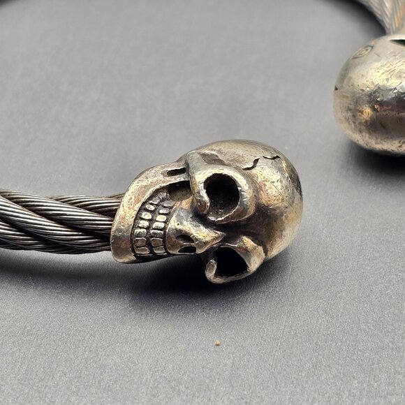 VTG Gaboratory Sterling Silver & Steel Gothic Skull Torque Cuff Bracelet 7.5" - Picture 3 of 11